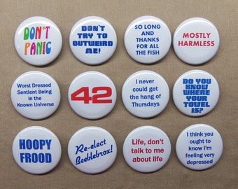 Hitchhiker's Guide to the Galaxy 12 Button Set 1.25" Douglas Adams HHGG Marvin Zaphod Hoopy Don't Panic 42 +!