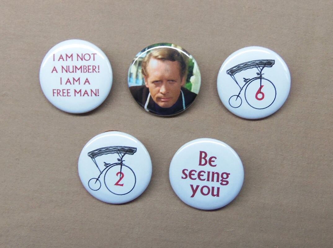 The Prisoner 5 Button Set #2 #6 Bicycle Patrick McGoohan Not a # Free Man 1.25" The Prisoner 5 Button Set #2 #6 Bicycle Patrick McGoohan Not a # Free Man 1.25"