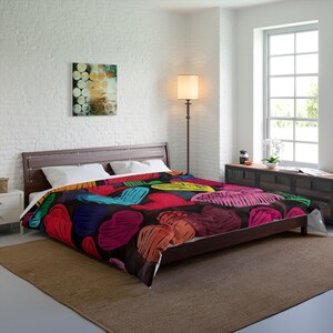 Colorful Heart Pattern Comforter, Cozy Bedding for Couples, Fun Bedroom Decor, Valentine&#39;s Day Gift, Colorful Home Accents