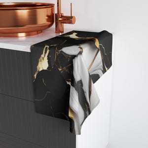 Elegant Marble Print Hand Towel, Luxurious Bathroom Decor, Black and Gold Kitchen Towel, Modern Gifts for Her, Stylish Home Accessory