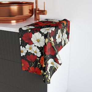Red and White Cosmos Floral Hand Towel | Botanical Kitchen Towel