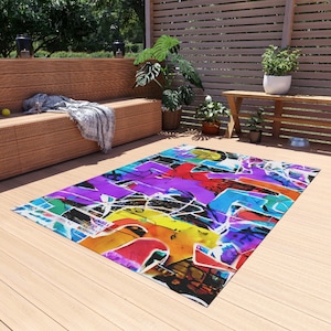 Vibrant Outdoor Rug for Patio Decor, Colorful Area Rug for Garden, Boho Style Mat for BBQs, Waterproof Indoor-Outdoor Rug