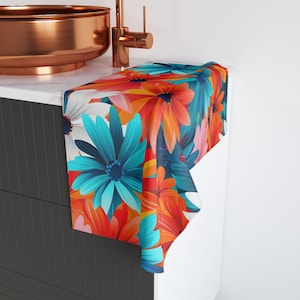 Vibrant Floral Hand Towel, Colorful Kitchen Towel, Bathroom Decor, Gift for Mom, Housewarming, Summer Vibes