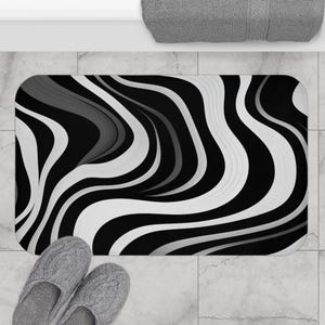 Stijlvolle zwart-witte badmat, modern badkamerdecor, abstract ontwerp, chique woonaccessoire, uniek cadeau-idee, luxe badbenodigdheden
