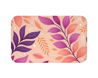 Tappetino da bagno con motivo a foglie rosa e viola / Tappeto da bagno antiscivolo con decorazione floreale