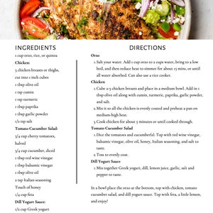 Recipe example: Greek Bowls which contain chicken, orzo, tomato cucumber salad, and dill yogurt sauce or tzatziki. Very versatile, delicious, and healthy.