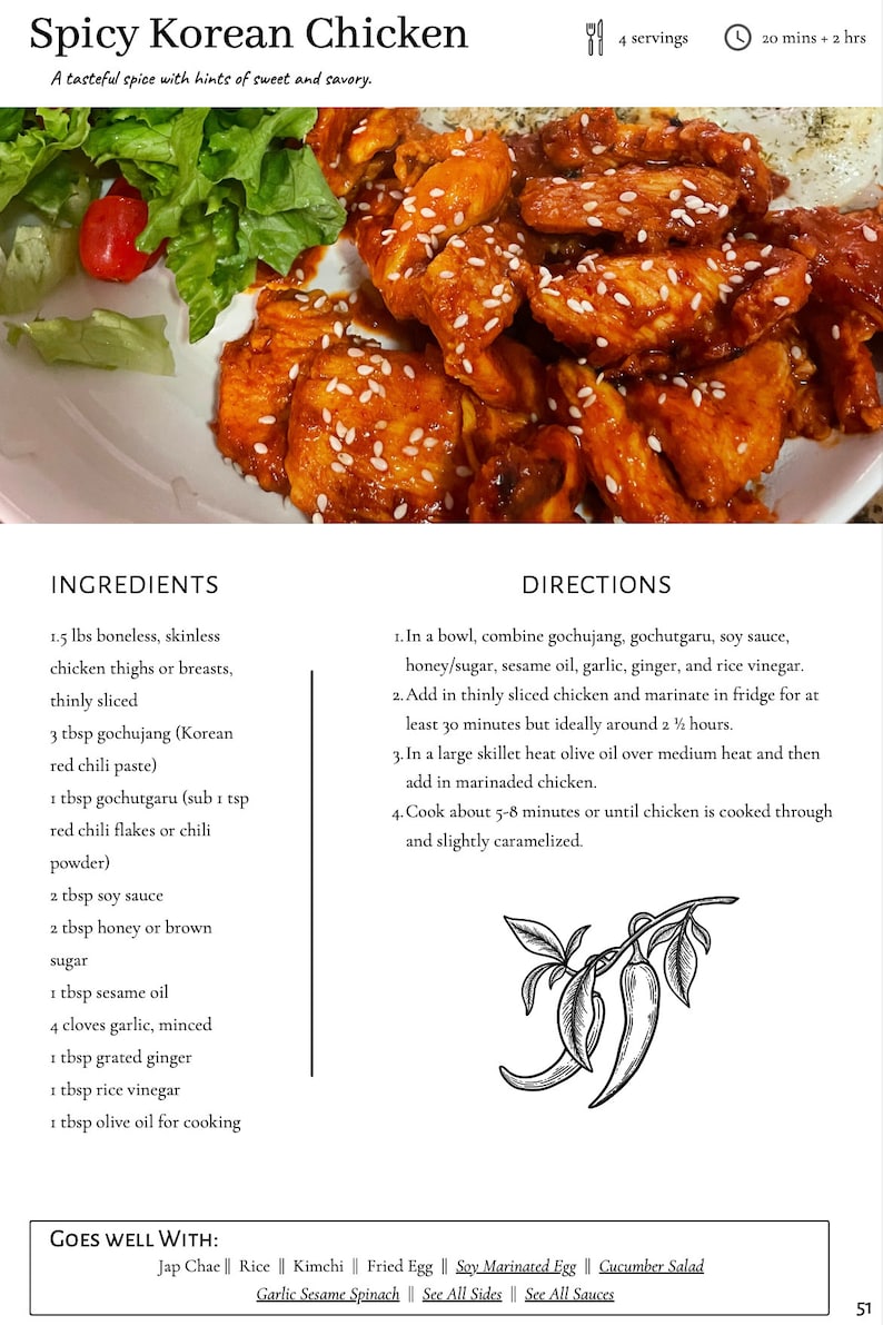 Recipe example: Spicy Korean Chicken which contains things like gochujan and honey to give a spicy, sweet, and savory taste.