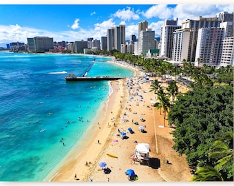 Arte del horizonte hawaiano y palmeras en la playa de Waikiki, Honolulu: fotografía paradisíaca de una isla escénica para decoración de pared tropical, descarga digital