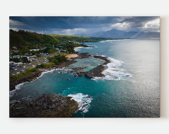 Impresión de Shark's Cove, costa norte de Oahu, arte mural costero hawaiano, fotografía de un espectacular paisaje oceánico, decoración de costa tropical, fotografía aérea