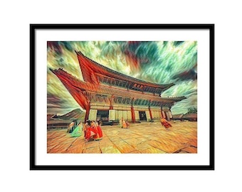 Impresión digital del Palacio Coreano: Arte mural de Gyeongbokgung, decoración cultural del Hanbok, impresión fotográfica con ilustración del Templo de Seúl