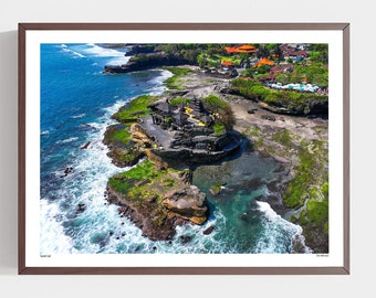Cartel de Bali, Fotografía aérea de drones de Tanah Lot, Recuerdo de Bali, Arte digital balinés de Indonesia, Cultura de Bali, Decoración cultural