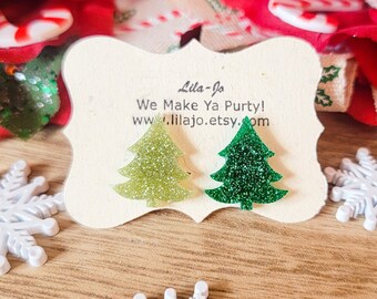 Assorted Christmas Tree Earrings, Holiday Stud Earrings, Retro Glitter Stocking Stuffer
