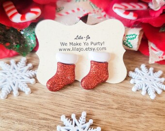 Christmas Stockings Earrings, Holiday Stud Earrings, Retro Glitter Red Santa Stocking Stuffer