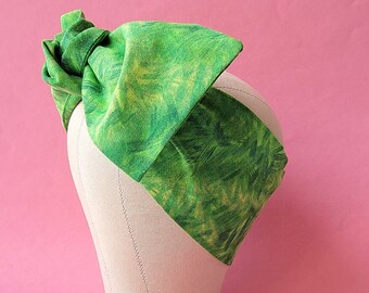 Green Caftan Bandana, Mid Century Modern Headwrap, Fabric Headband, Top Knot, Large Bow Rockabilly Pinup