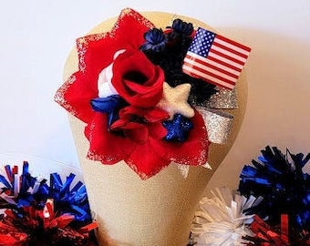 Fourth of July Pinup Hair Flower , Red Rose Hair Clip, Rockabilly, Patriotic Fascinator, American Flag
