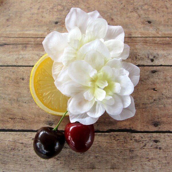 Lemon Cherry Blossom Fascinator, Cherry Lemondade Hair Clip, Fruit Hair Clip, Retro hair