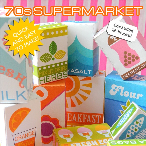 Jaren '70 Supermarkt Printable PDF Play Shop - 12 Kruidenierdozen