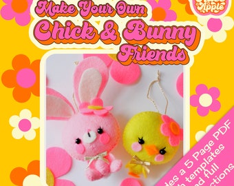 Sewing Pattern PDF - Make your own Retro Feltie Chick and Bunny Friends