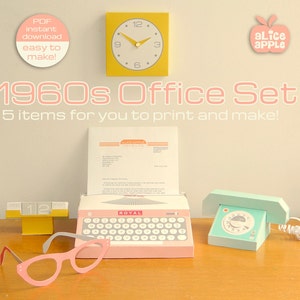 May include: A printable 1960s office set with five items, including a typewriter, a phone, a clock, glasses, and a calendar. The set is in pastel colors, with a pink typewriter, a light blue phone, a yellow clock, pink glasses, and a yellow calendar.
