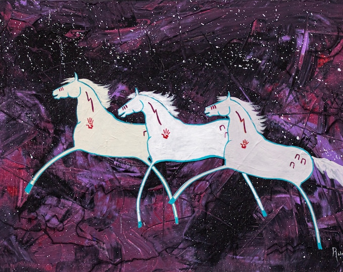 Featured listing image: Three White Horses, 20X30 inch acrylic painting with collage by Donna Ridgway. The horses remind you of Ledger horses or Southwest art.