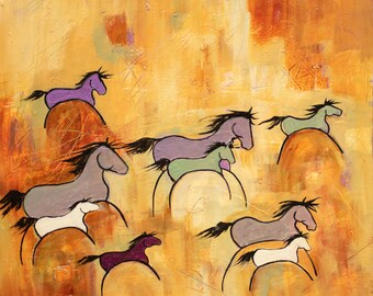 The Horse Herd, reproduction of original southwestern horse art painting by Donna Ridgway. Similar to Ledger horses or cave horses. Tribal