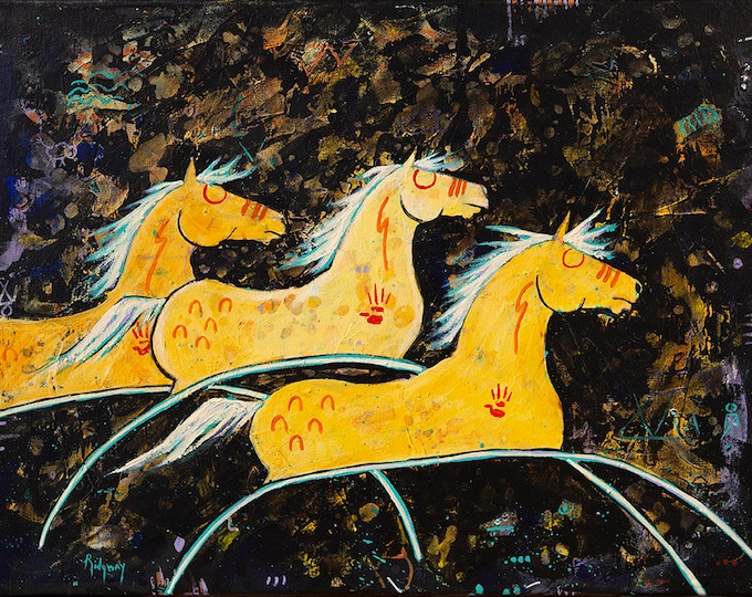 Featured listing image: Three Yellow Horses, original southwestern horse art painting by Donna Ridgway. Similar to Ledger horses or cave horses. Tribal symbols