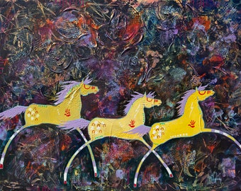 Travelers from a Dream, original southwest art by Donna Ridgway. Resembles cave horse drawings or ledger horses. Western art