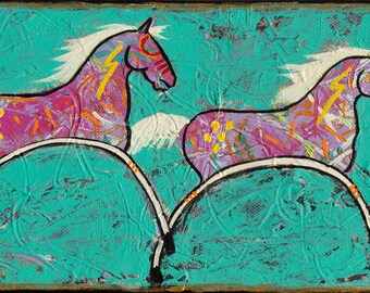 Bangtails, Original acrylic southwest style horse painting by Donna Ridgway. Resembles ledger or cave horses. Equine art.