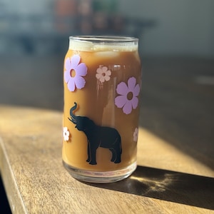 Elephant Love Glass Can, Glass Can, Glass Tumbler, Glass Cup, Cute Cup, Iced Coffee Cup, 16oz Glass Can,