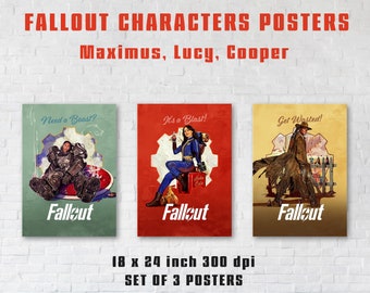 Fallout Poster: Lucy, Maximus, Cooper The Ghoul / Set of 3 posters featuring characters from the 2024 fallout movie / Print 18 x 24 in