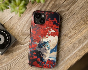 Coque de portable robuste Ukio-e stylisée avec chat majestueux pour iPhone 15 14 13 12 11 Pro Max 8 Plus X