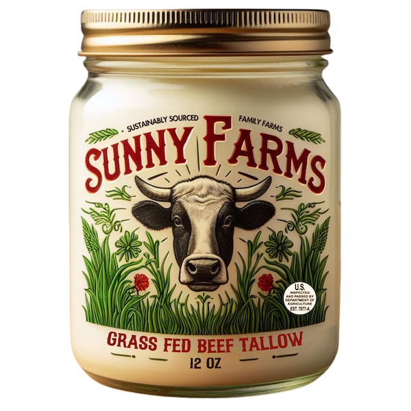 Grass Fed & Finished Beef Tallow - Sunny Farms. 12 oz glass of rendered beef fat from small family farms