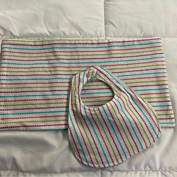 Handmade Bib and Burp Rag Set Colorful Stripes- Adorable and Practical Baby Shower Gift!