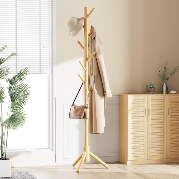 Wooden Coat Rack Stand | 8 Hooks Coat Rack | 8 Hooks & 4 Sections | Adjustable Coat rack | Coat Rack For Home/Bedroom/Office