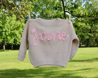 Custom hand embroidered knit sweater Toddler name sweater Newborn gift Baby keepsake