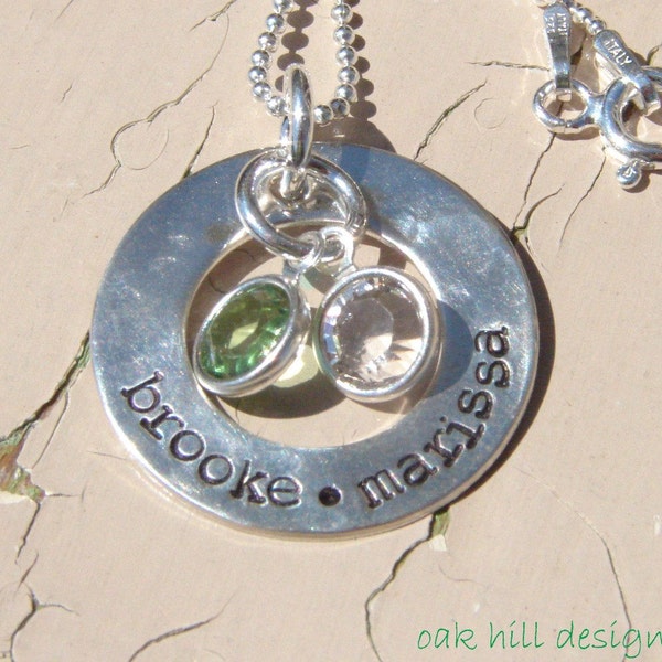 sterling silver hand stamped washer with kids names and crystals-family circle with crystals