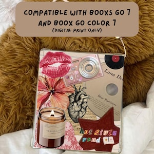 Könnte beinhalten: Eine transparente Hülle mit einem Collage-Design mit rotem Lippenabdruck, einer Kamera, einer Hibiskusblüte, einem Herzen, einer Kerze und dem Text "hot girls read". Kompatibel mit Booxs Go 7 und Boox Go Color 7.
