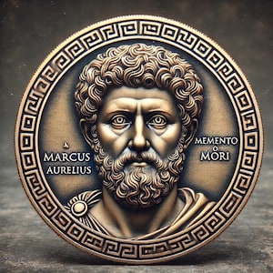 May include: A bronze coin depicting Marcus Aurelius, with the inscriptions "MARCUS AURELIUS" and "MEMENTO MORI". The coin has a decorative border with a repeating geometric pattern. The design is reminiscent of ancient Roman coinage, with a detailed bust.