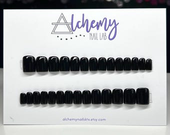 Black Onyx | 28-Piece Set, Solid Black Press On Nails, Classic Black Press Ons, Classy Jet Black Nails, OPI Gel Polish, X-SHORT SQUARE