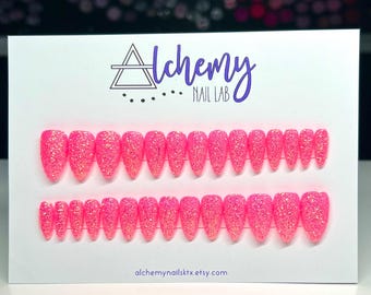 Neon Pink Lemonade | 28-Pc Set, Pink Sugar Press On Nails, Sparkly Pink Nails, Bright Pink Glitter Nails w/ Application Kit, SHORT STILETTO