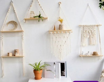 Étagère murale en macramé, étagère flottante en macramé faite main, étagère en bois moderne en macramé, étagères de cuisine, cadeaux d'organisation uniques en macramé