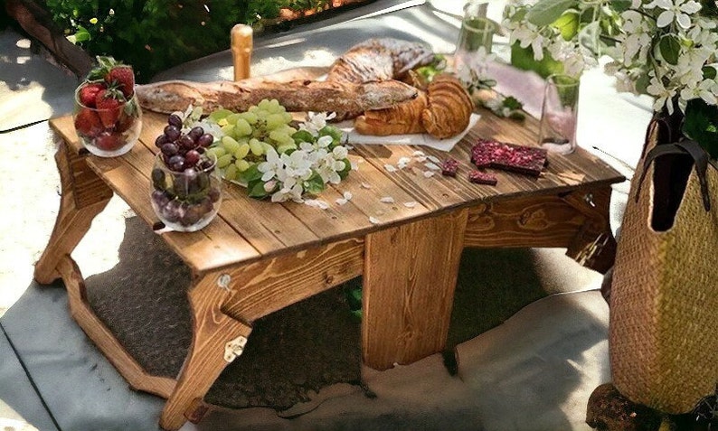 Handmade Folding Wooden Picnic Table, Unique Boho Foldout Wooden Table, Wood Home Basket, Multipurpose Storage Basket, Fun Outdoors Gifts