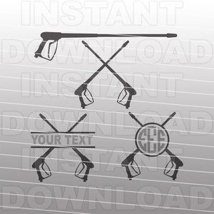 May include: Four different designs of pressure washer wand SVG cut files. The first design shows two wands crossed with the tips pointing up. The second design shows two wands crossed with the tips pointing down. The third design shows two wands crossed with the tips pointing down and a banner with the text "YOUR TEXT". The fourth design shows two wands crossed with the tips pointing down and a circle with the text "CLC" inside.