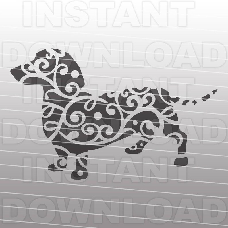 May include: Black and white silhouette of a dachshund dog with a decorative floral pattern. The dog is standing on all four legs with its tail curled up.