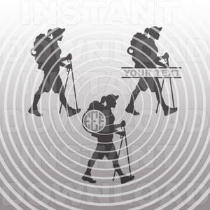 May include: A grayscale graphic featuring three silhouetted figures hiking with backpacks and trekking poles. The figures are set against a backdrop of concentric circles. One figure has the text "YOUR TEXT" above it.