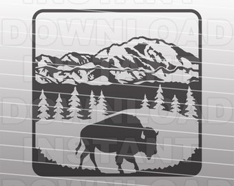 Buffalo SVG, Buffalo Mountain Scene SVG, Bison SVG, Mountain Range svg -Vector art Commercial/Personal Use- Cricut,Silhouette Cameo, Vinyl Decal