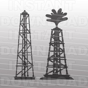 May include: Silhouette of two oil derricks, one with a flame on top, against a gray striped background.