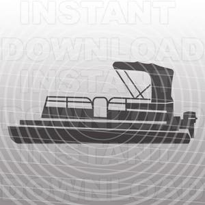 May include: A black silhouette of a pontoon boat with a canopy, a bench seat, and an outboard motor.