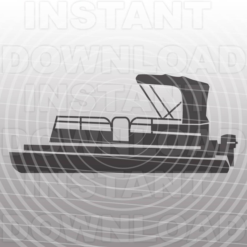 May include: A black silhouette of a pontoon boat with a canopy, a bench seat, and an outboard motor.