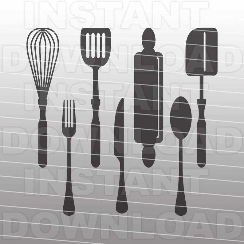 May include: A set of seven black kitchen utensils, including a whisk, spatula, rolling pin, knife, fork, spoon, and a second spatula. The utensils are arranged vertically against a striped background.